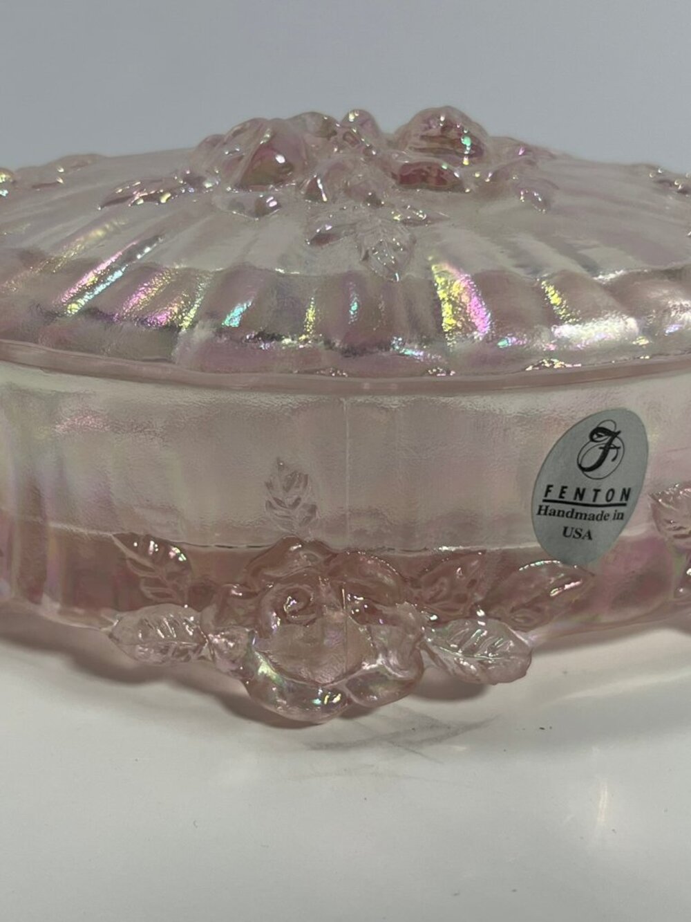 Fenton Cabbage Rose Trinket Box Oval Pink Iridescent Glass